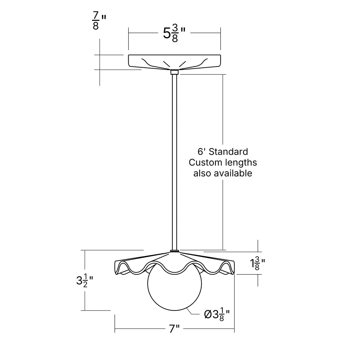 Fleur No. 1 porcelain mini pendant light hardwire dimensions drawing