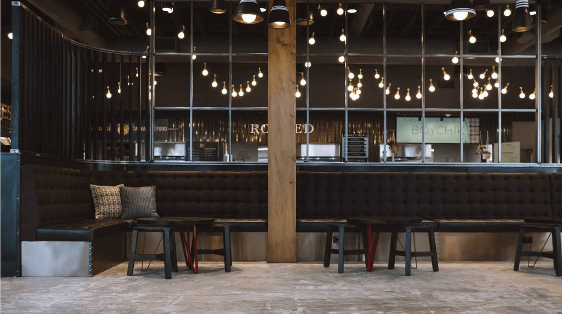 Open concept restaurant with custom lighting design