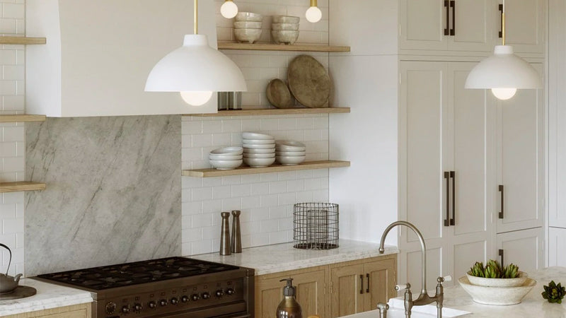 modern kitchen with designer lampshades
