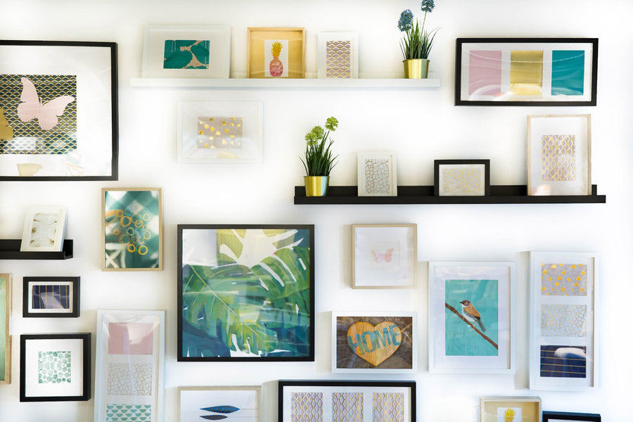 gallery hallway with artwork and mementos 