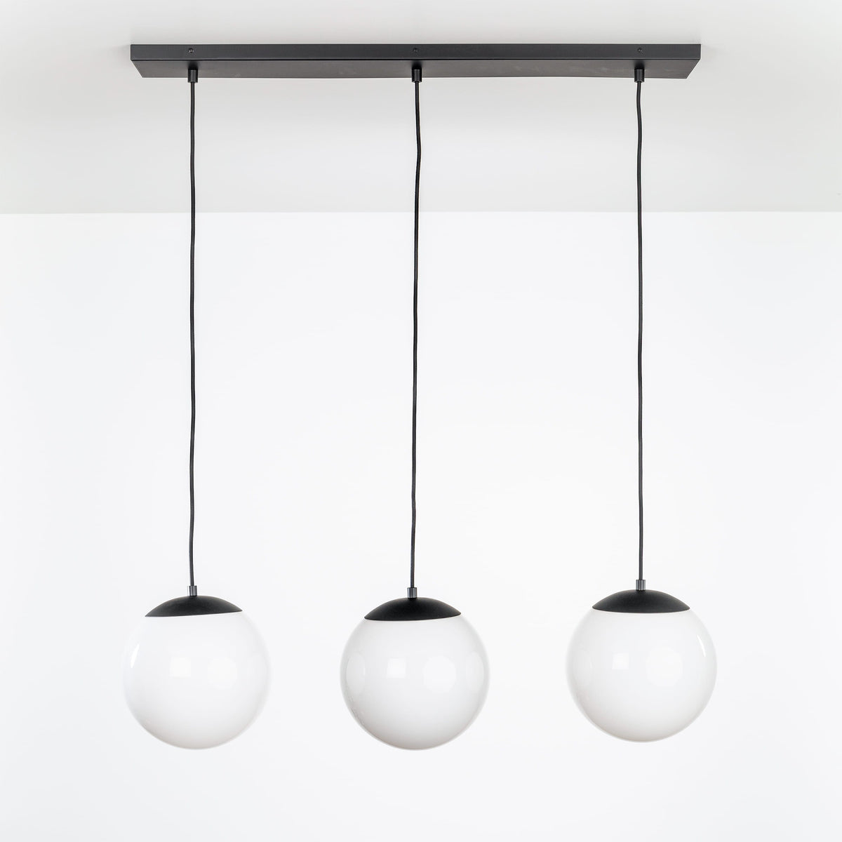 Mod Globe 3-Line Chandelier Black / 10in Milk