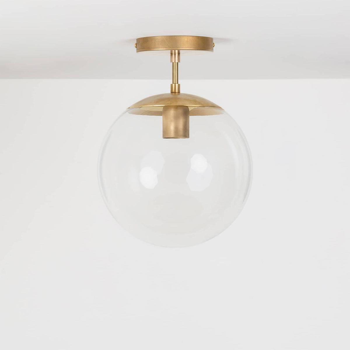 Mod Glass Globe Post Flush Mount Pendant | 6", 8", 10", 12" Raw Brass / 2 Inch / 10in Clear