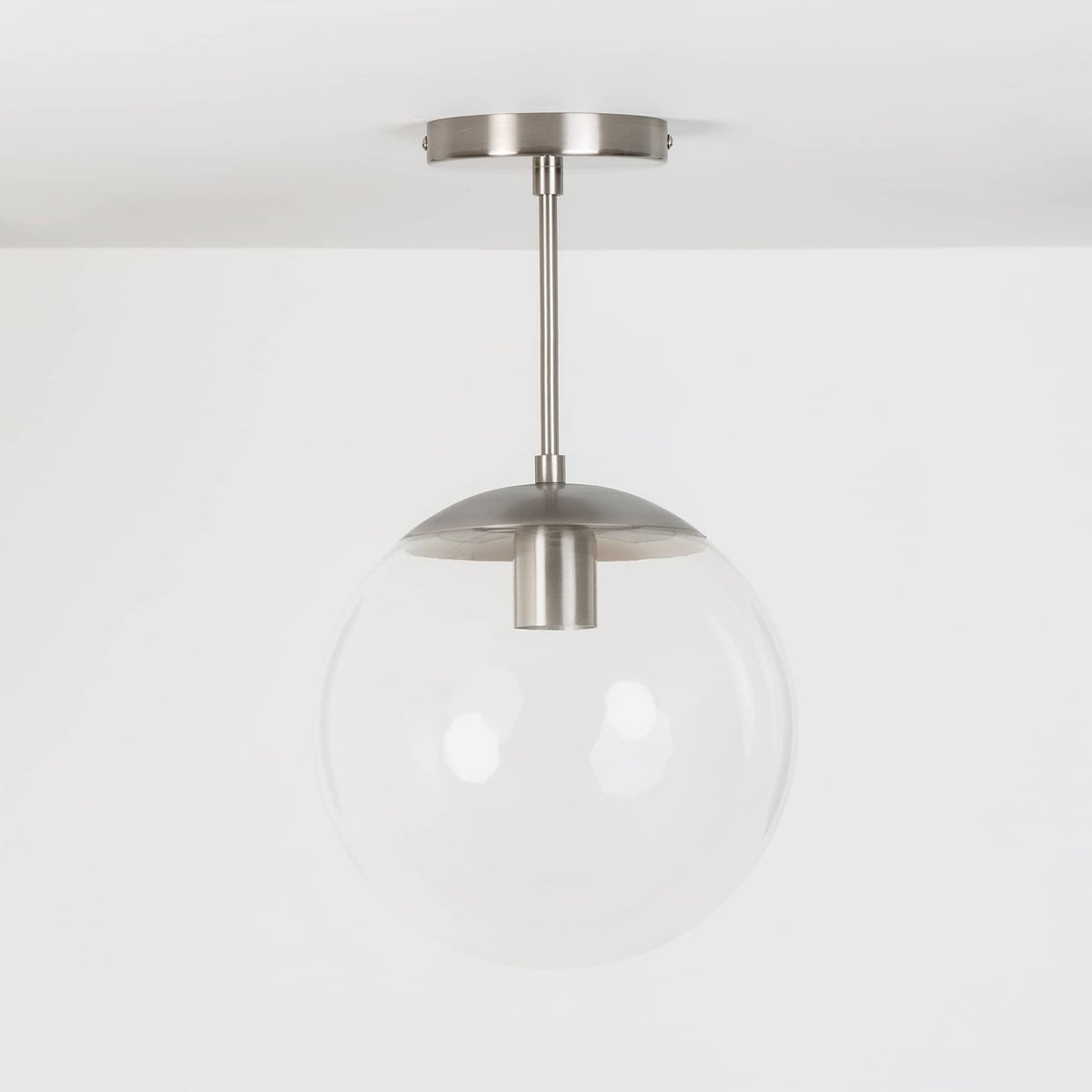 Mod Glass Globe Post Flush Mount Pendant | 6", 8", 10", 12" Brushed Nickel / 6 Inch / 10in Clear