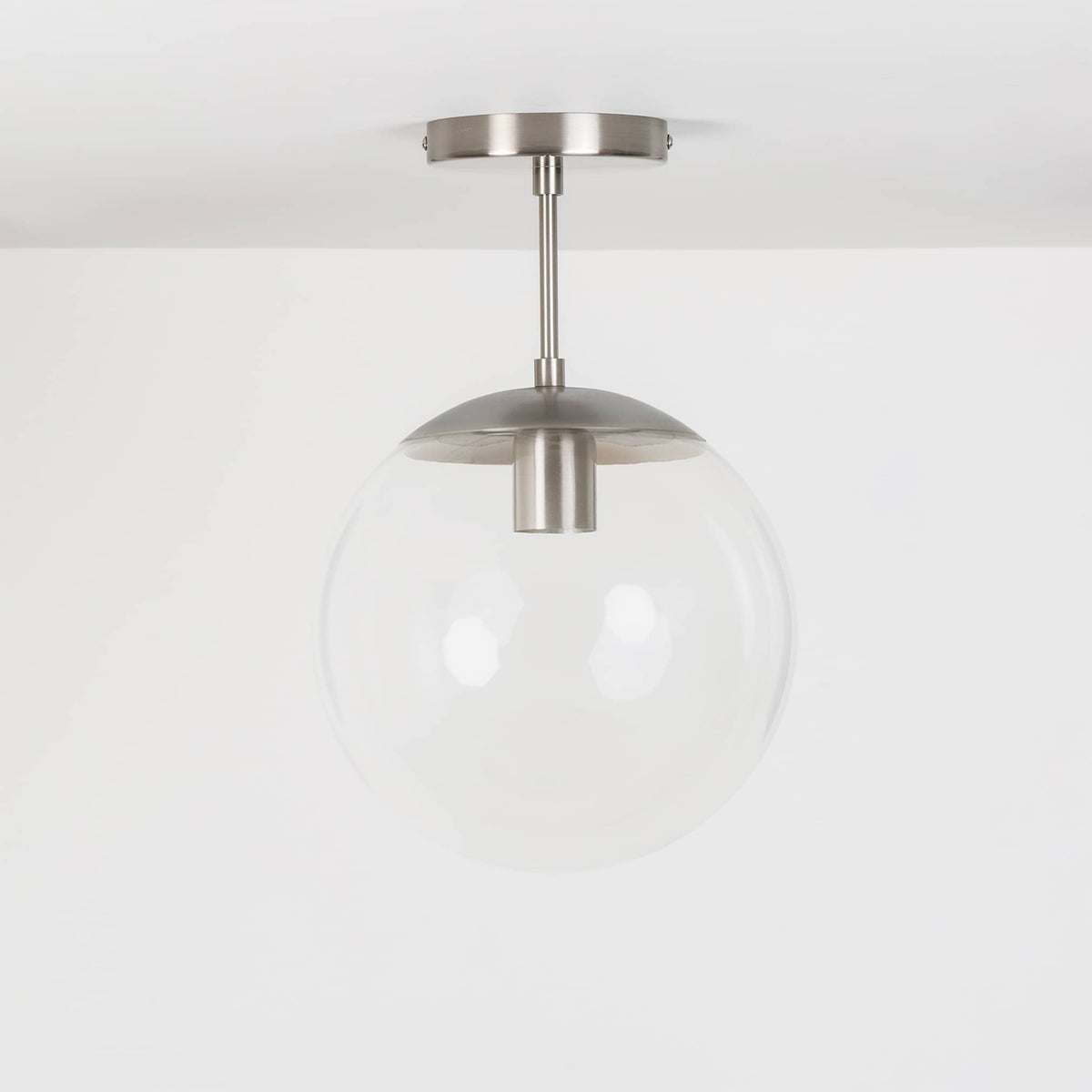 Mod Glass Globe Post Flush Mount Pendant | 6", 8", 10", 12" Brushed Nickel / 4 Inch / 10in Clear