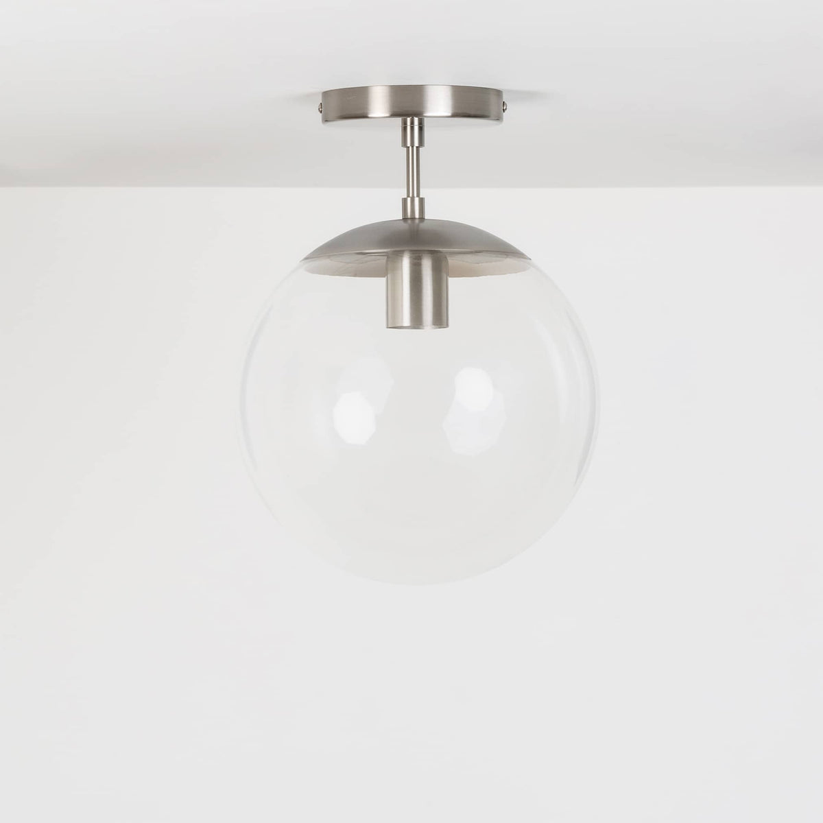Mod Glass Globe Post Flush Mount Pendant | 6", 8", 10", 12" Brushed Nickel / 2 Inch / 10in Clear