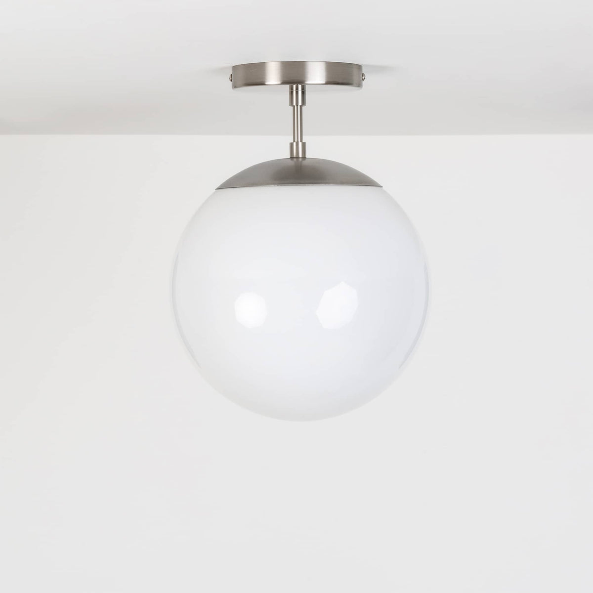 Mod Glass Globe Post Flush Mount Pendant | 6", 8", 10", 12" Brushed Nickel / 2 Inch / 10in Milk