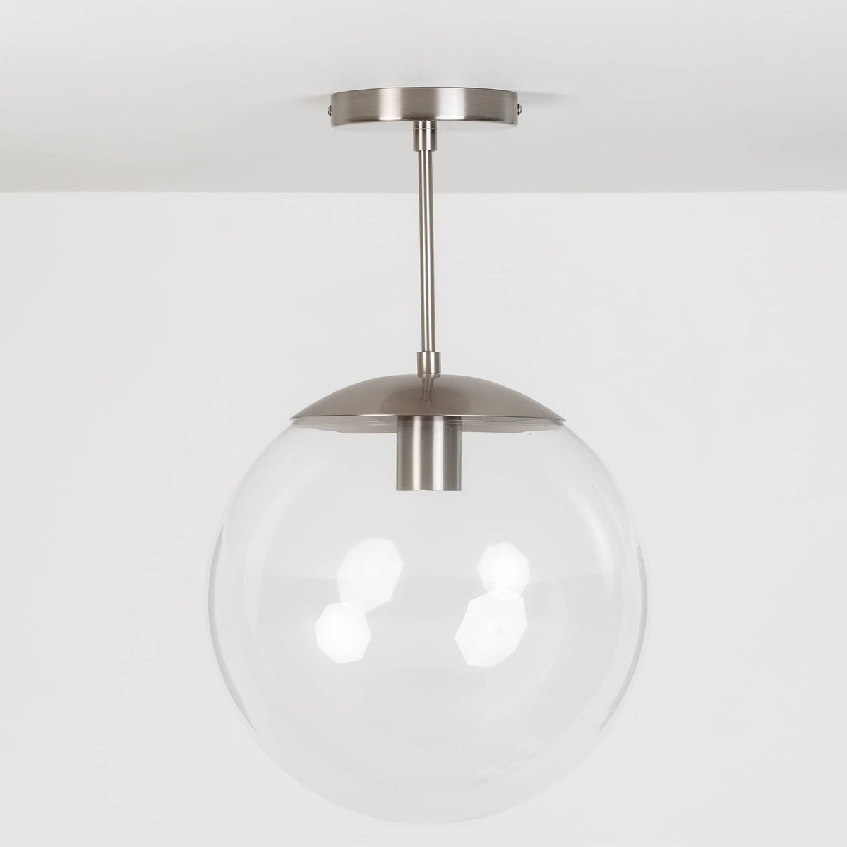 Mod Glass Globe Post Flush Mount Pendant | 6", 8", 10", 12" Brushed Nickel / 6 Inch / 12in Clear