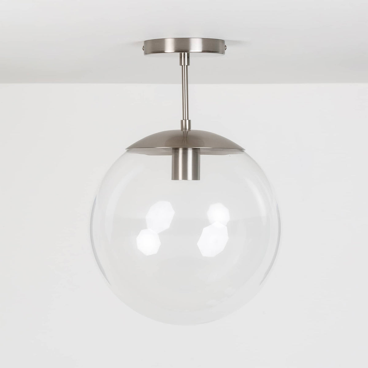 Mod Glass Globe Post Flush Mount Pendant | 6", 8", 10", 12" Brushed Nickel / 4 Inch / 12in Clear
