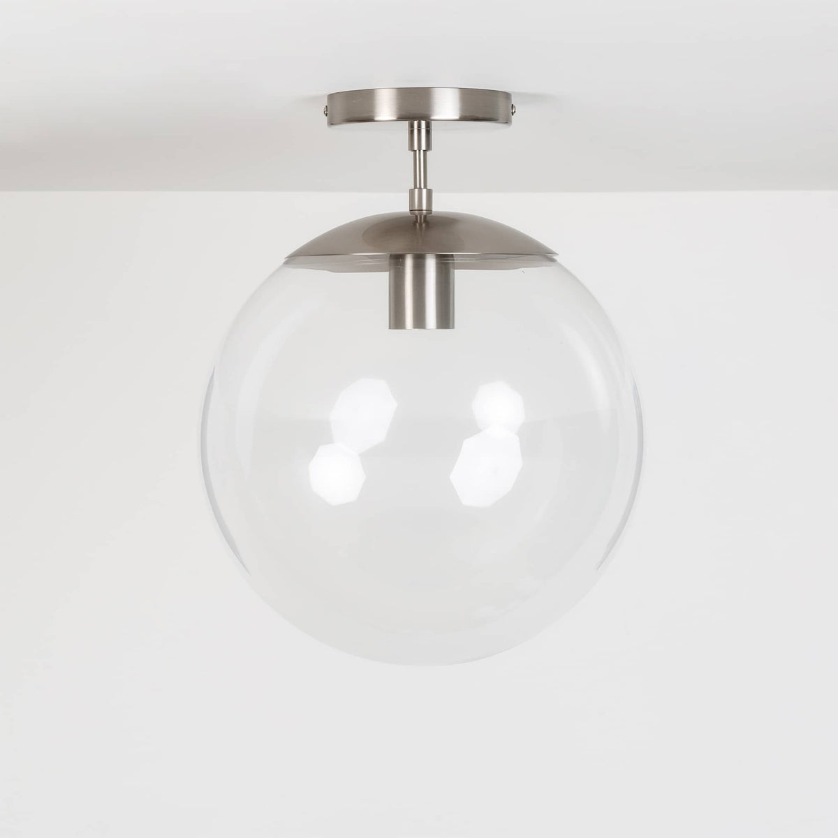 Mod Glass Globe Post Flush Mount Pendant | 6", 8", 10", 12" Brushed Nickel / 2 Inch / 12in Clear
