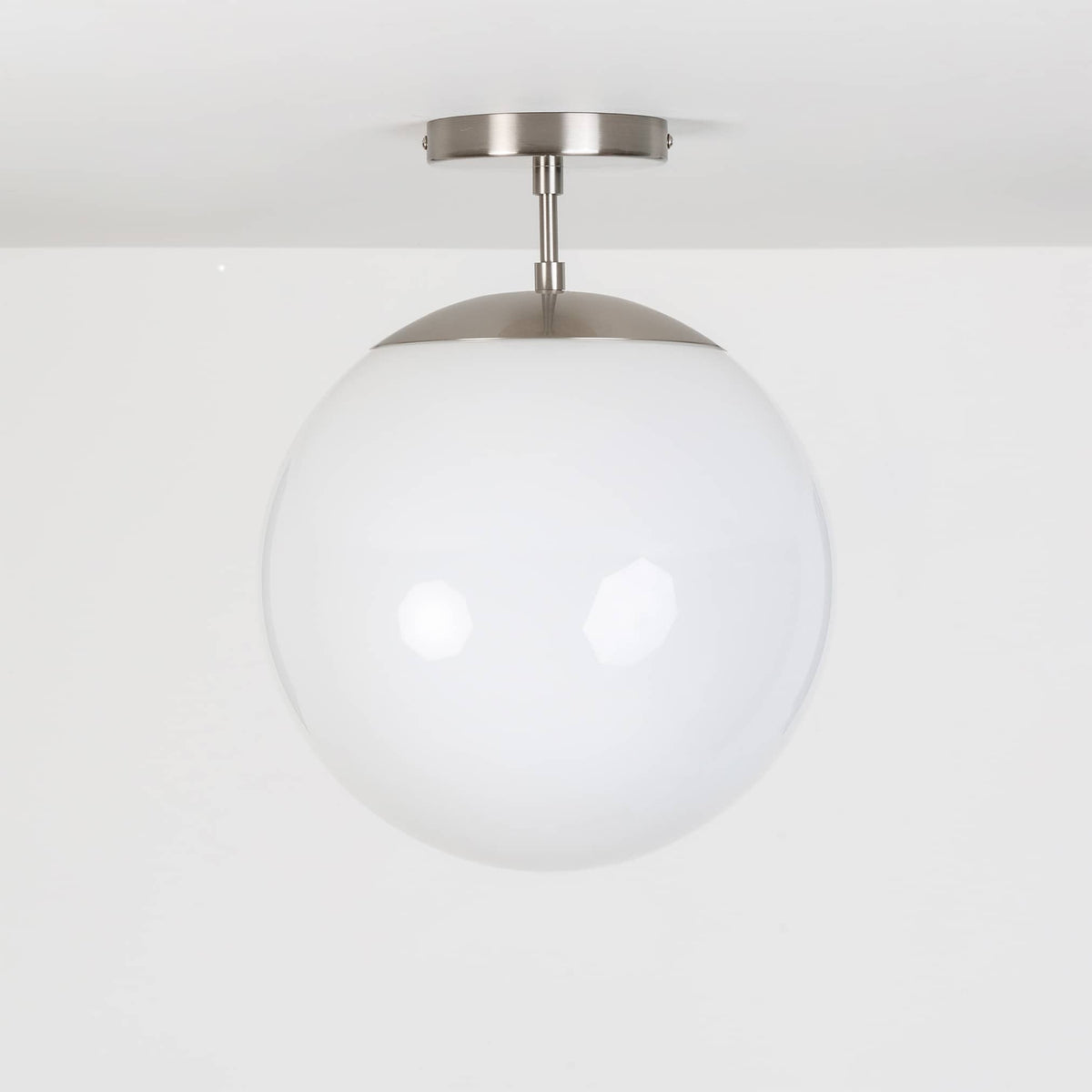 Mod Glass Globe Post Flush Mount Pendant | 6", 8", 10", 12" Brushed Nickel / 2 Inch / 12in Milk
