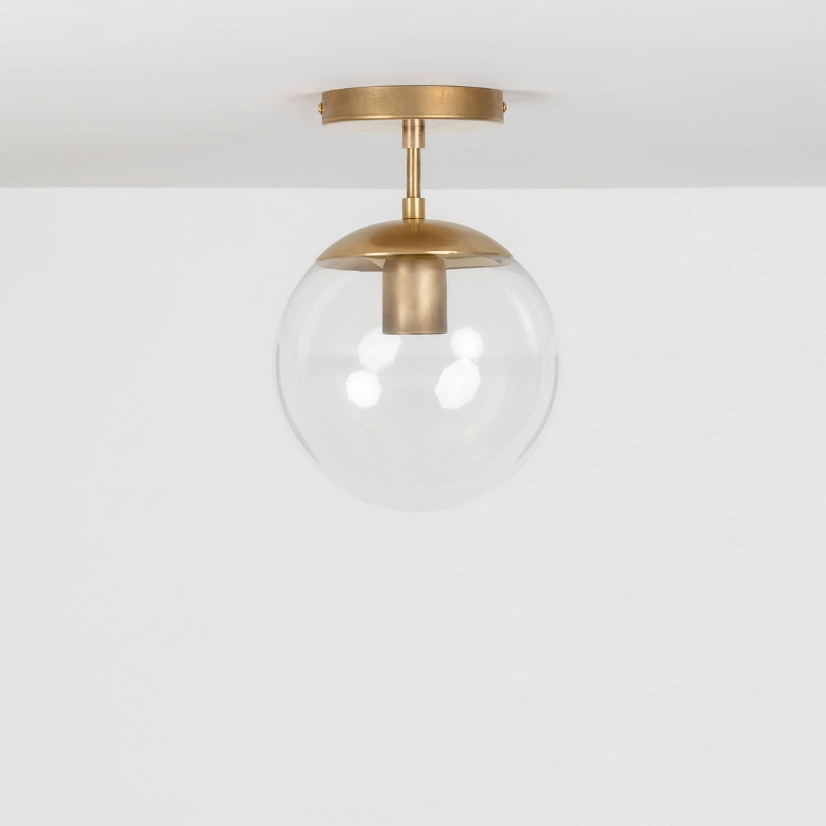 Mod Glass Globe Post Flush Mount Pendant | 6", 8", 10", 12" Raw Brass / 2 Inch / 8in Clear