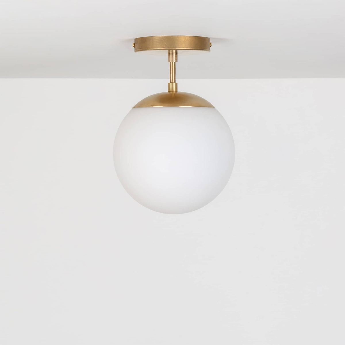 Mod Glass Globe Post Flush Mount Pendant | 6", 8", 10", 12" Raw Brass / 2 Inch / 8in Matte White