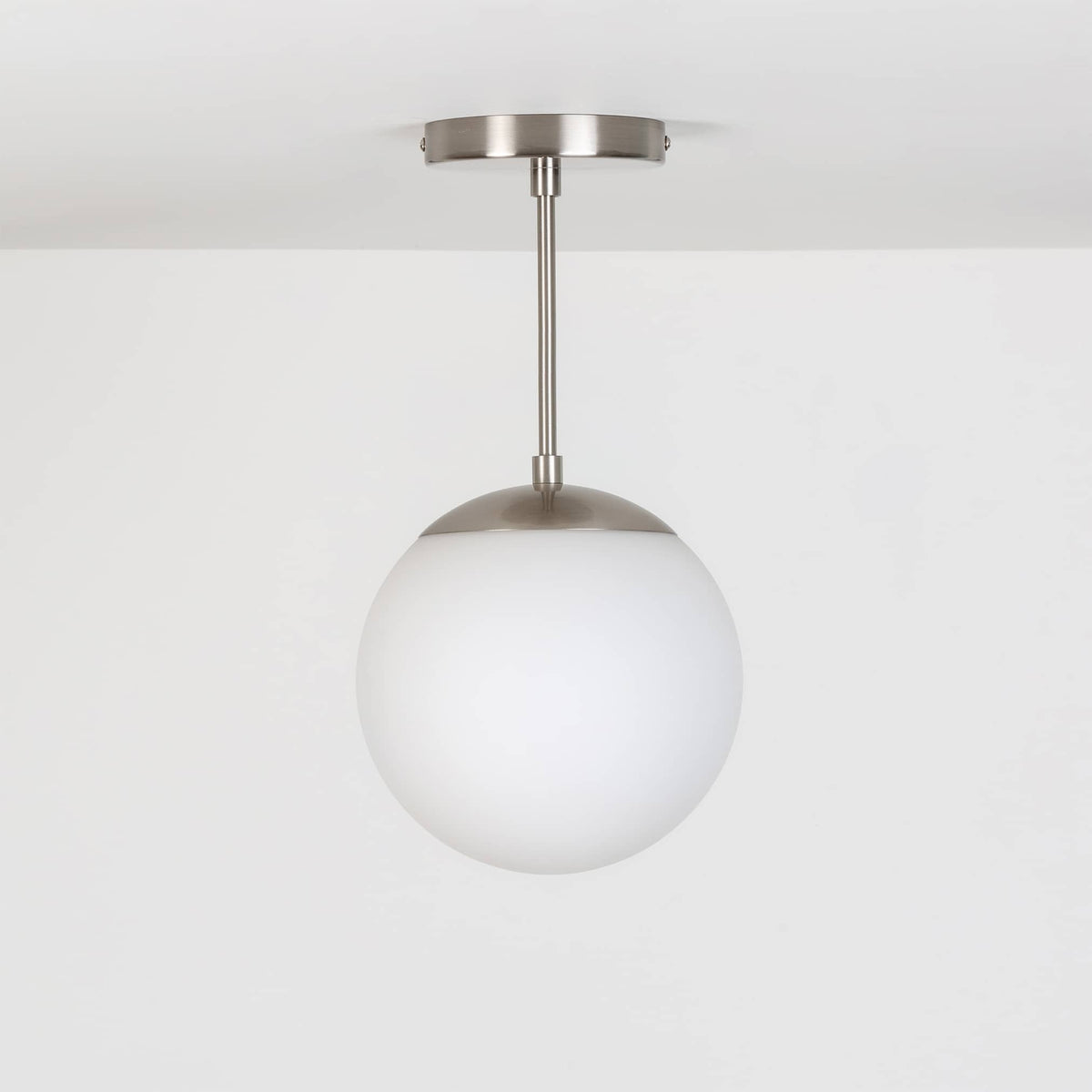 Mod Glass Globe Post Flush Mount Pendant | 6", 8", 10", 12" Brushed Nickel / 6 Inch / 8in Matte White