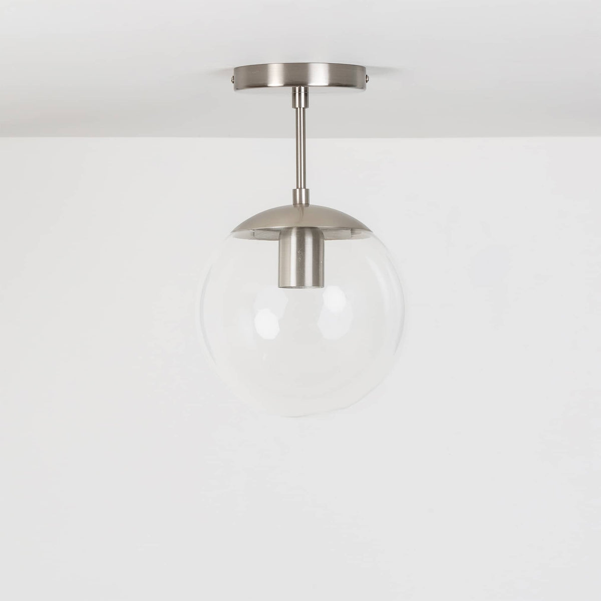 Mod Glass Globe Post Flush Mount Pendant | 6", 8", 10", 12" Brushed Nickel / 4 Inch / 8in Clear