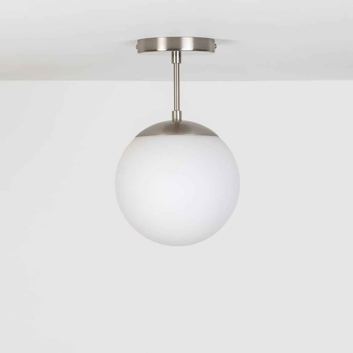 Mod Glass Globe Post Flush Mount Pendant | 6", 8", 10", 12" Brushed Nickel / 4 Inch / 8in Matte White