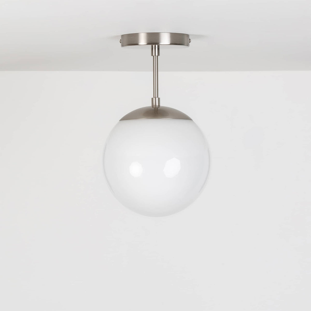 Mod Glass Globe Post Flush Mount Pendant | 6", 8", 10", 12" Brushed Nickel / 4 Inch / 8in Milk