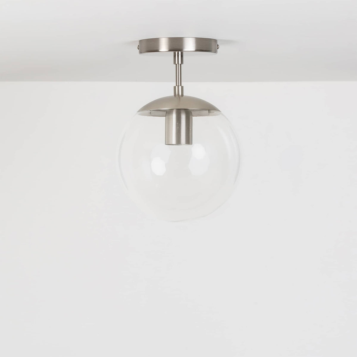 Mod Glass Globe Post Flush Mount Pendant | 6", 8", 10", 12" Brushed Nickel / 2 Inch / 8in Clear