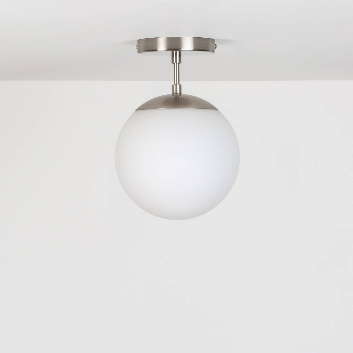 Mod Glass Globe Post Flush Mount Pendant | 6", 8", 10", 12" Brushed Nickel / 2 Inch / 8in Matte White