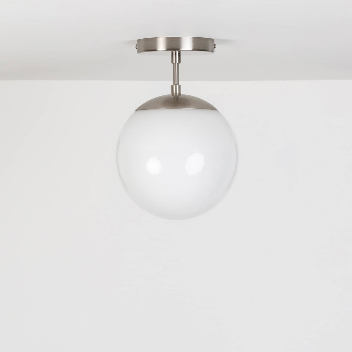 Mod Glass Globe Post Flush Mount Pendant | 6", 8", 10", 12" Brushed Nickel / 2 Inch / 8in Milk