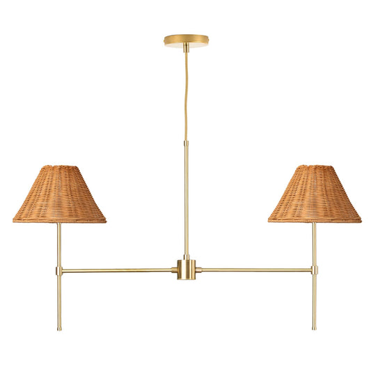 Slim 2-Arm Chandelier with Wicker Shade Solid Raw Brass