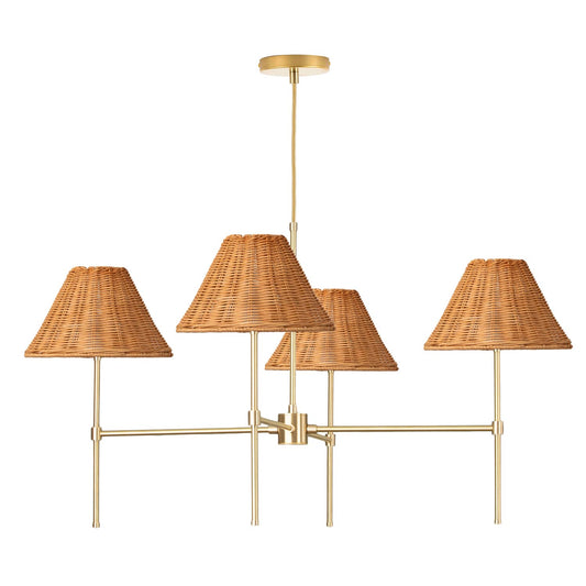 Slim 4-Arm Chandelier with Wicker Shades Solid Raw Brass