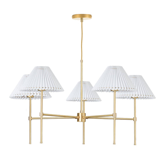 Slim 5-Arm Chandelier with Pleated Shade Solid Raw Brass
