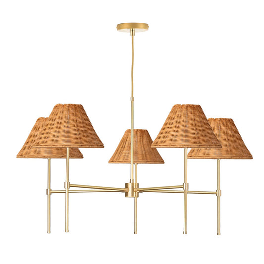Slim 5-Arm Chandelier with Wicker Shade Solid Raw Brass
