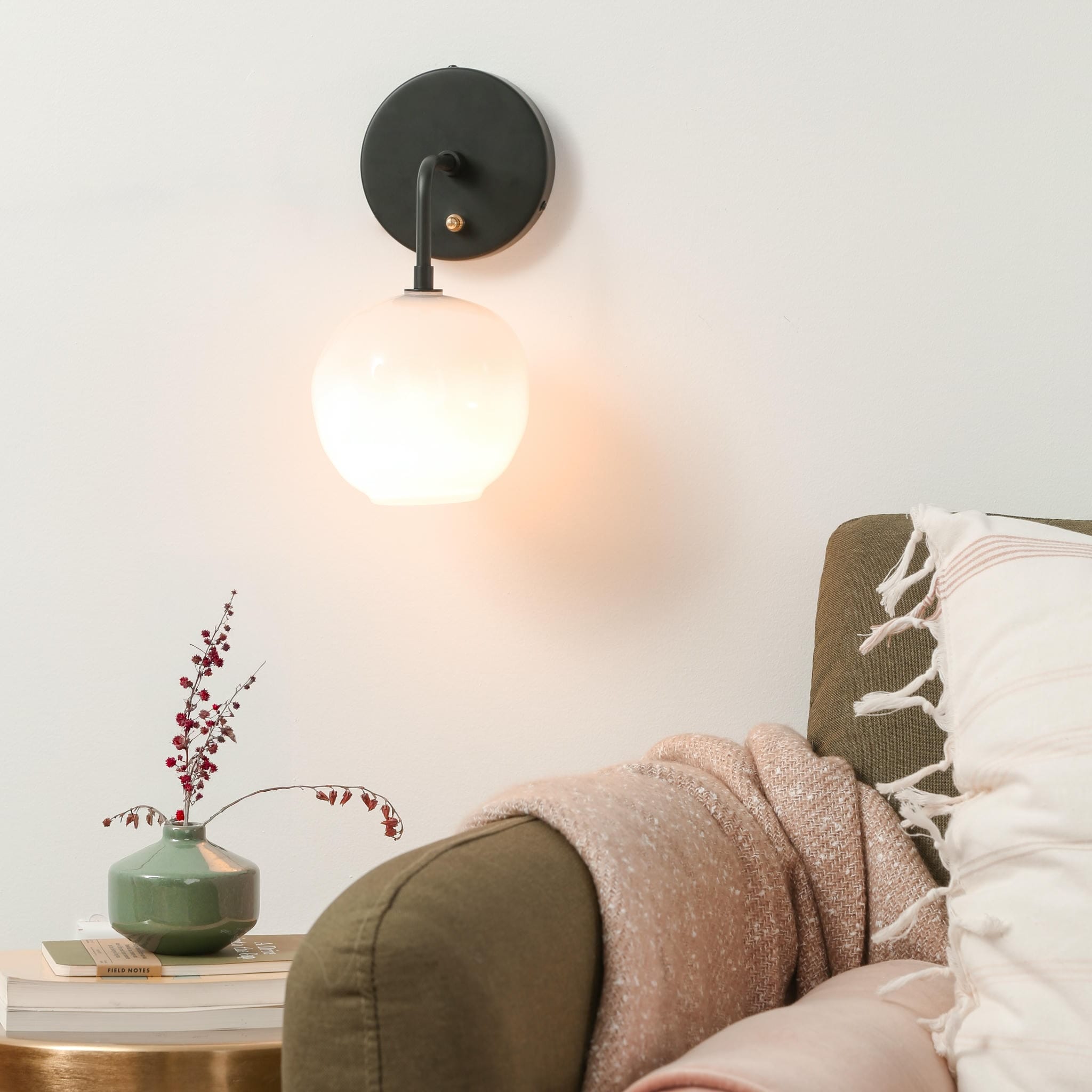 Handblown Milk Glass shade on a black metal arm and canopy. 
