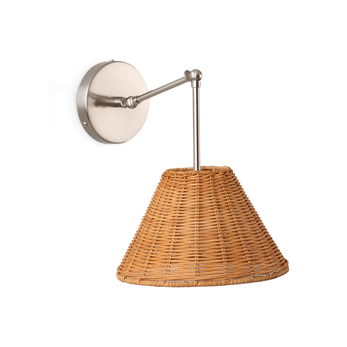 Hinge Double Solo Sconce | Pleated, Empire, or Wicker Shade Wicker / Brushed Nickel