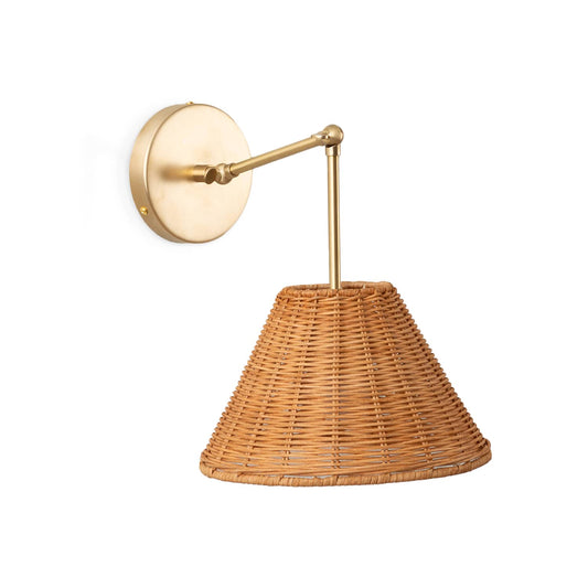 Hinge Double Solo Sconce with Wicker Shade Solid Raw Brass