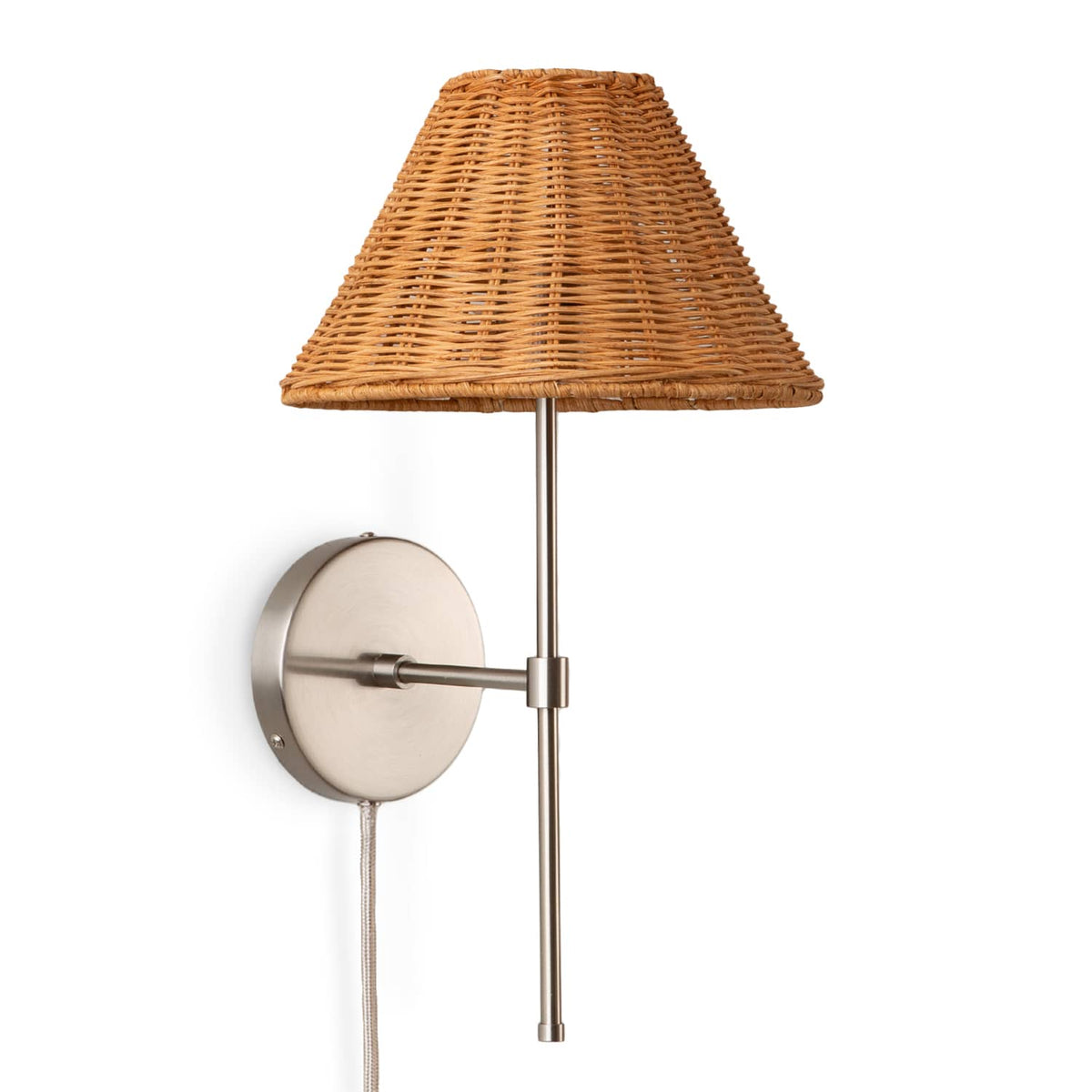 Slim Solo Plug-In Sconce | Pleated, Empire, or Wicker Shade Wicker / Brushed Nickel