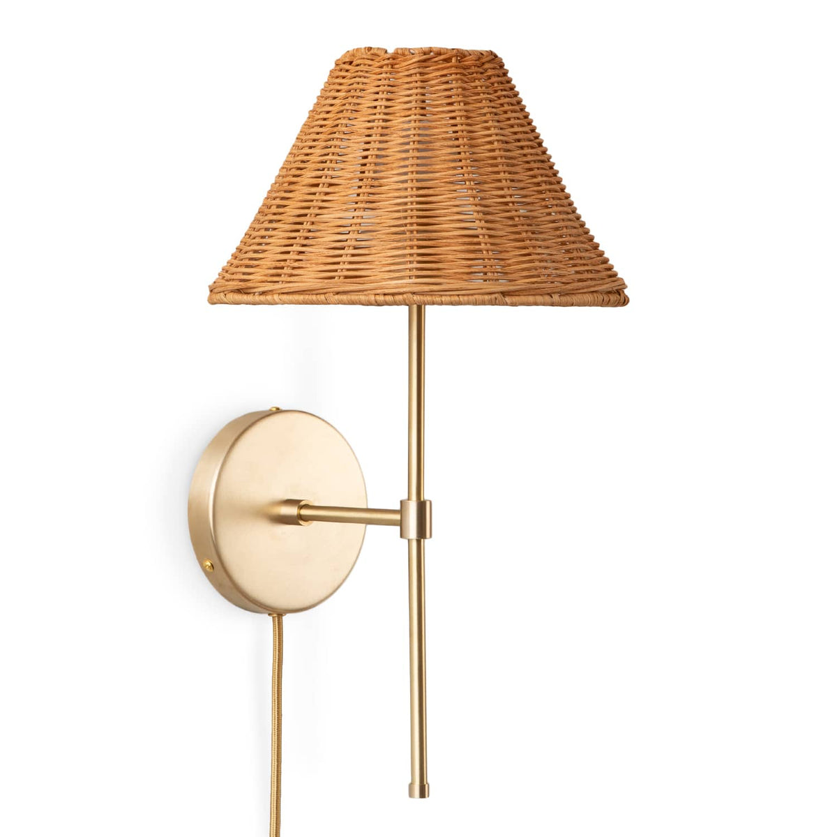 Slim Solo Plug-In Sconce | Pleated, Empire, or Wicker Shade Wicker / Solid Raw Brass