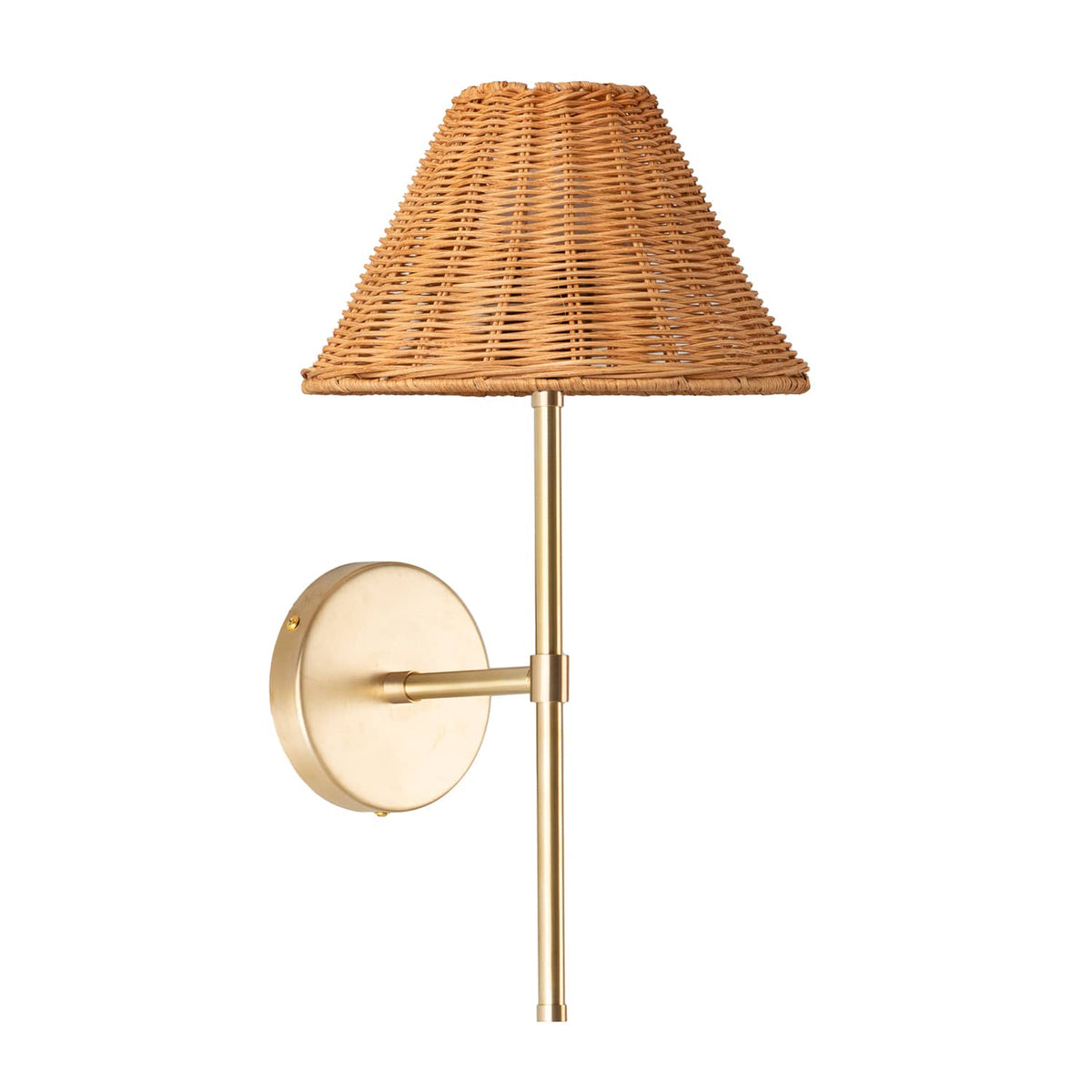 Bold Solo Wall Sconce | Pleated, Empire, or Wicker Shade Wicker / Solid Raw Brass