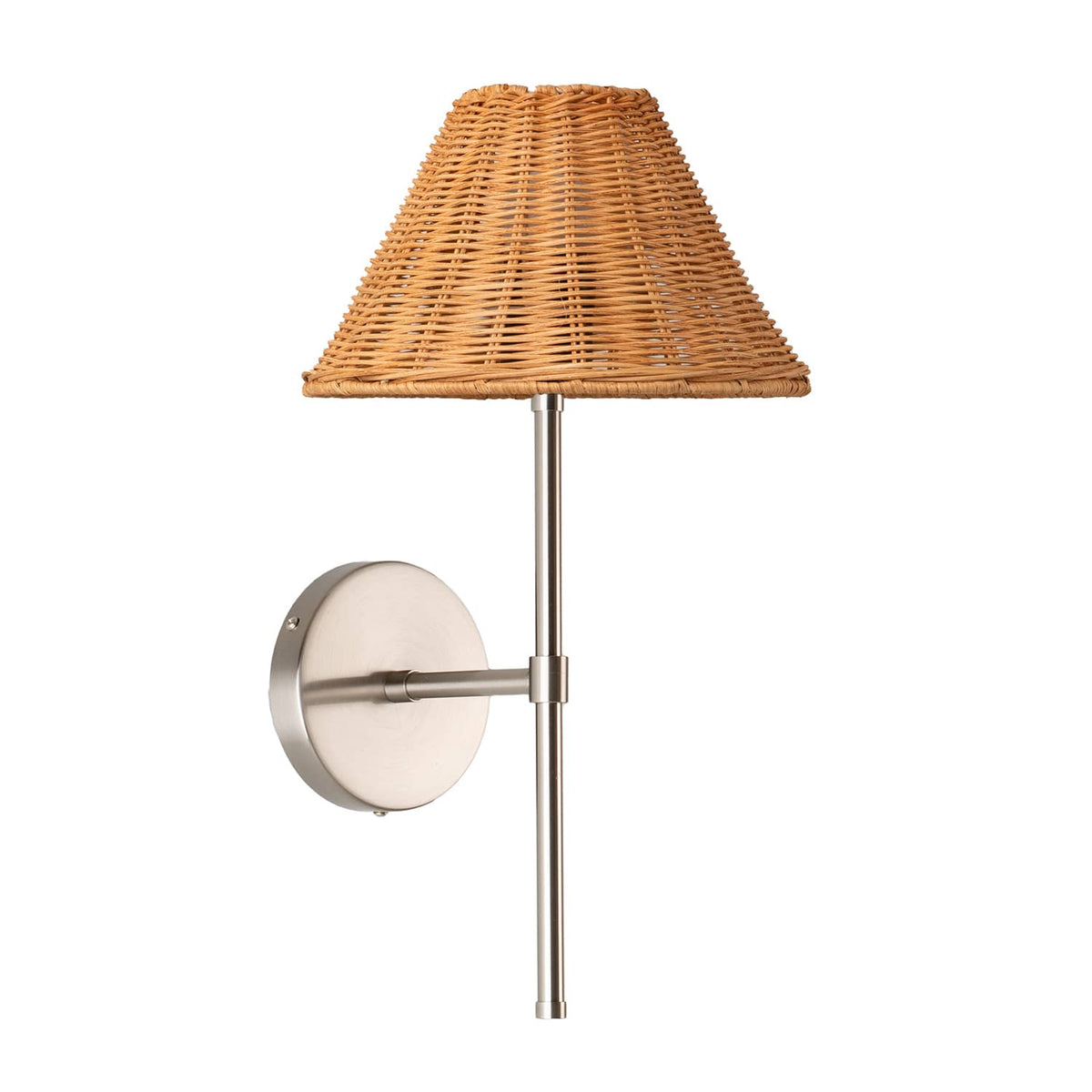 Bold Solo Wall Sconce | Pleated, Empire, or Wicker Shade Wicker / Brushed Nickel