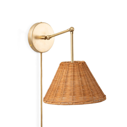 Hinge Plug-In Double Solo Sconce with Wicker Shade Solid Raw Brass