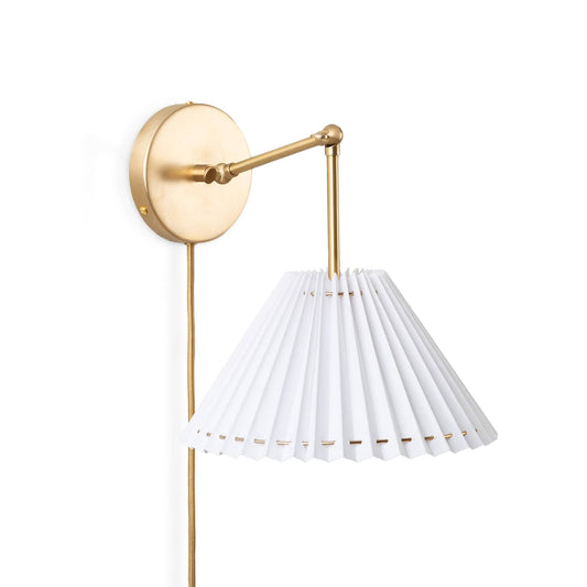 Hinge Plug-In Double Solo Sconce with Pleated Shade Solid Raw Brass