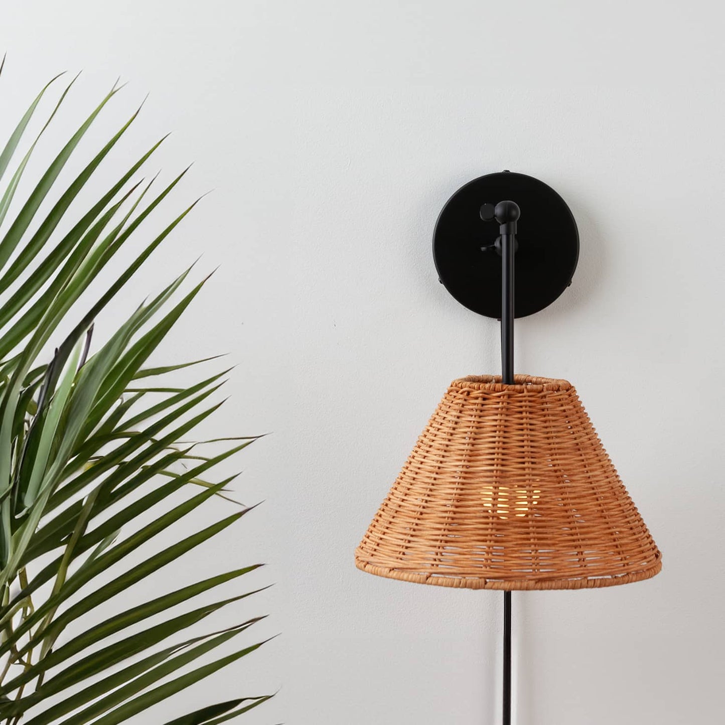Hinge Plug-In Double Solo Sconce with Wicker Shade