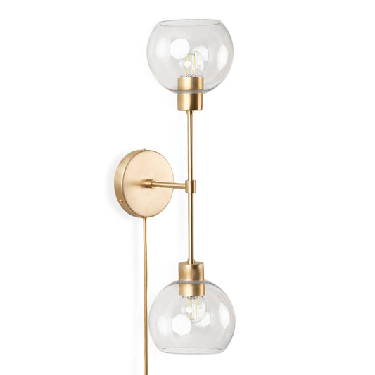 Slim Duo Plug-In Sconce with Glass Globes Solid Raw Brass / Clear