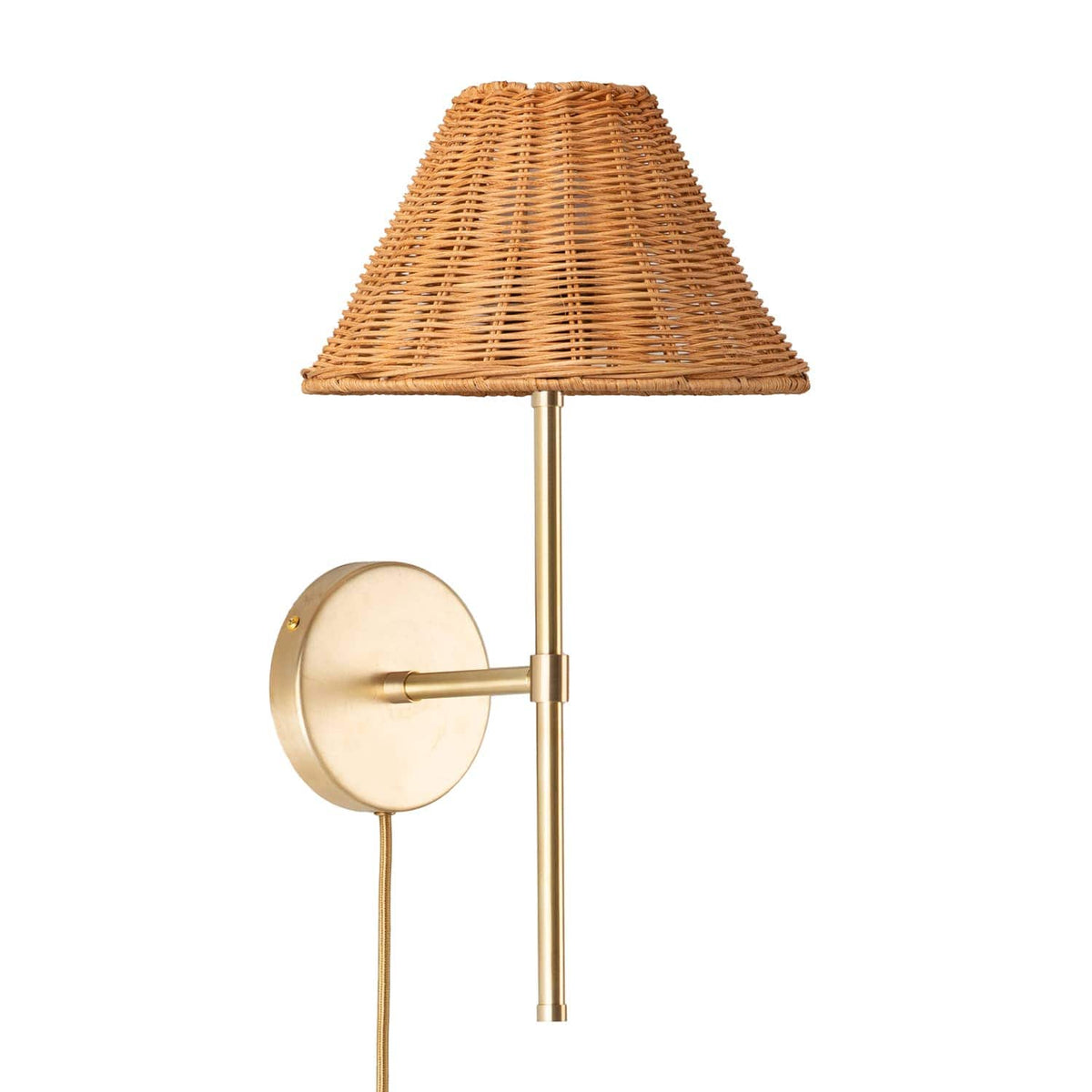 Bold Solo Plug-In Sconce | Pleated, Empire, or Wicker Shade Wicker / Solid Raw Brass