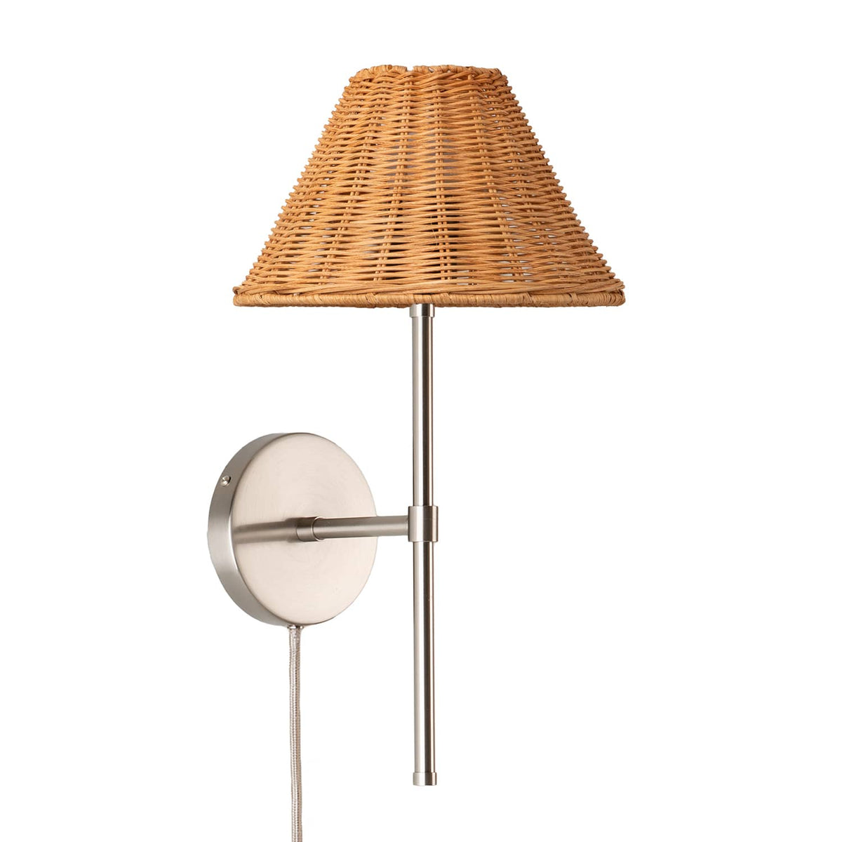 Bold Solo Plug-In Sconce | Pleated, Empire, or Wicker Shade Wicker / Brushed Nickel