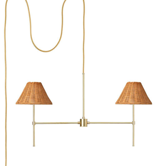 Slim 2-Arm Plug-in Chandelier with Wicker Shade Raw Brass