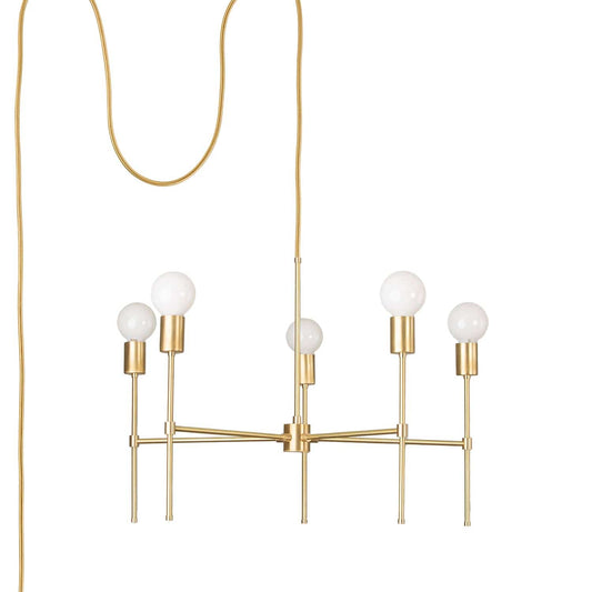 Slim 5-Arm Plug-In Chandelier Solid Raw Brass