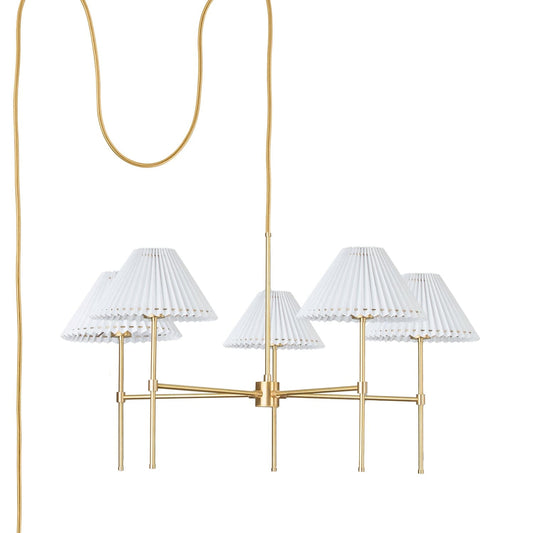 Slim 5-Arm Plug-In Chandelier with Pleated Shade Solid Raw Brass
