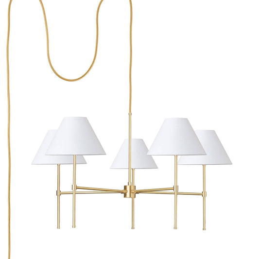 Slim 5-Arm Plug-In Chandelier with Smooth Empire Shade Solid Raw Brass