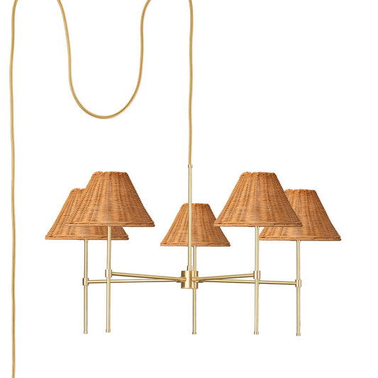 Slim 5-Arm Plug-In Chandelier with Wicker Shade Solid Raw Brass