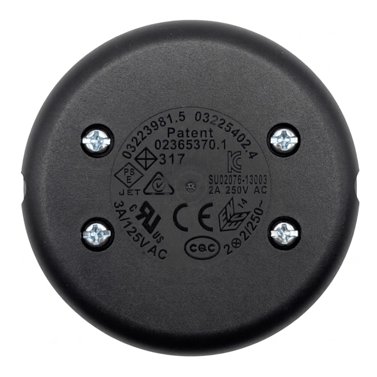 Round black floor switch with various certification logos and text on a white background