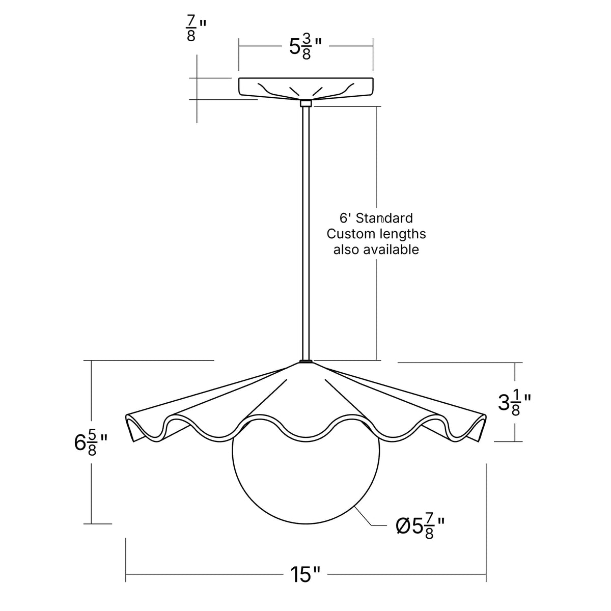 Fleur No. 3 porcelain pendant light hardwire dimensions drawing