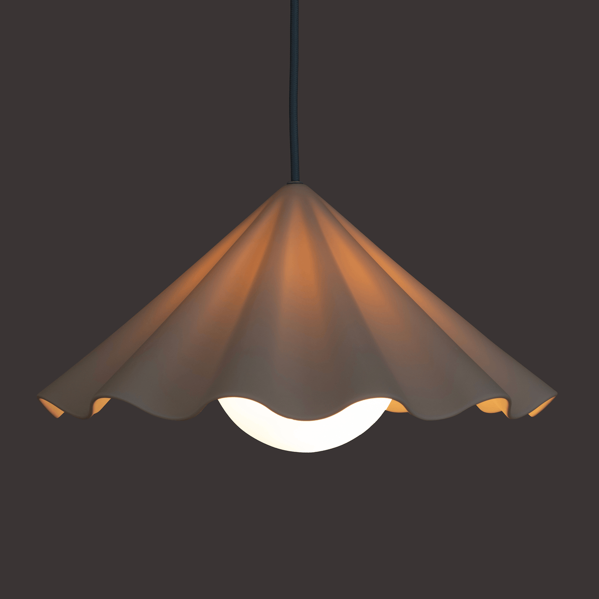 Fleur No. 7 porcelain pendant light, raw porcelain shade with Shale cord and hardware