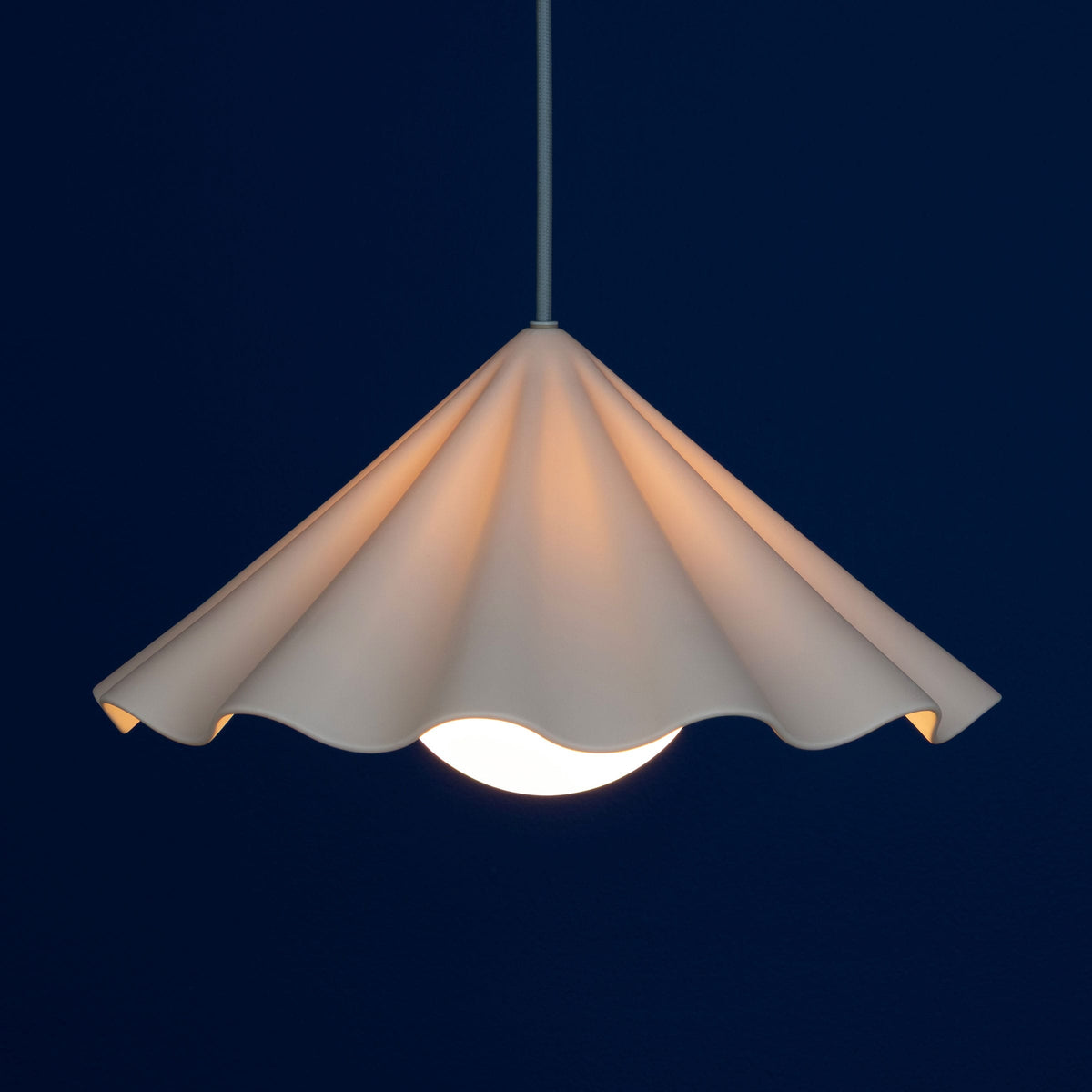 Fleur No. 7 porcelain pendant light with Shale cord and hardware, fluted raw porcelain shade