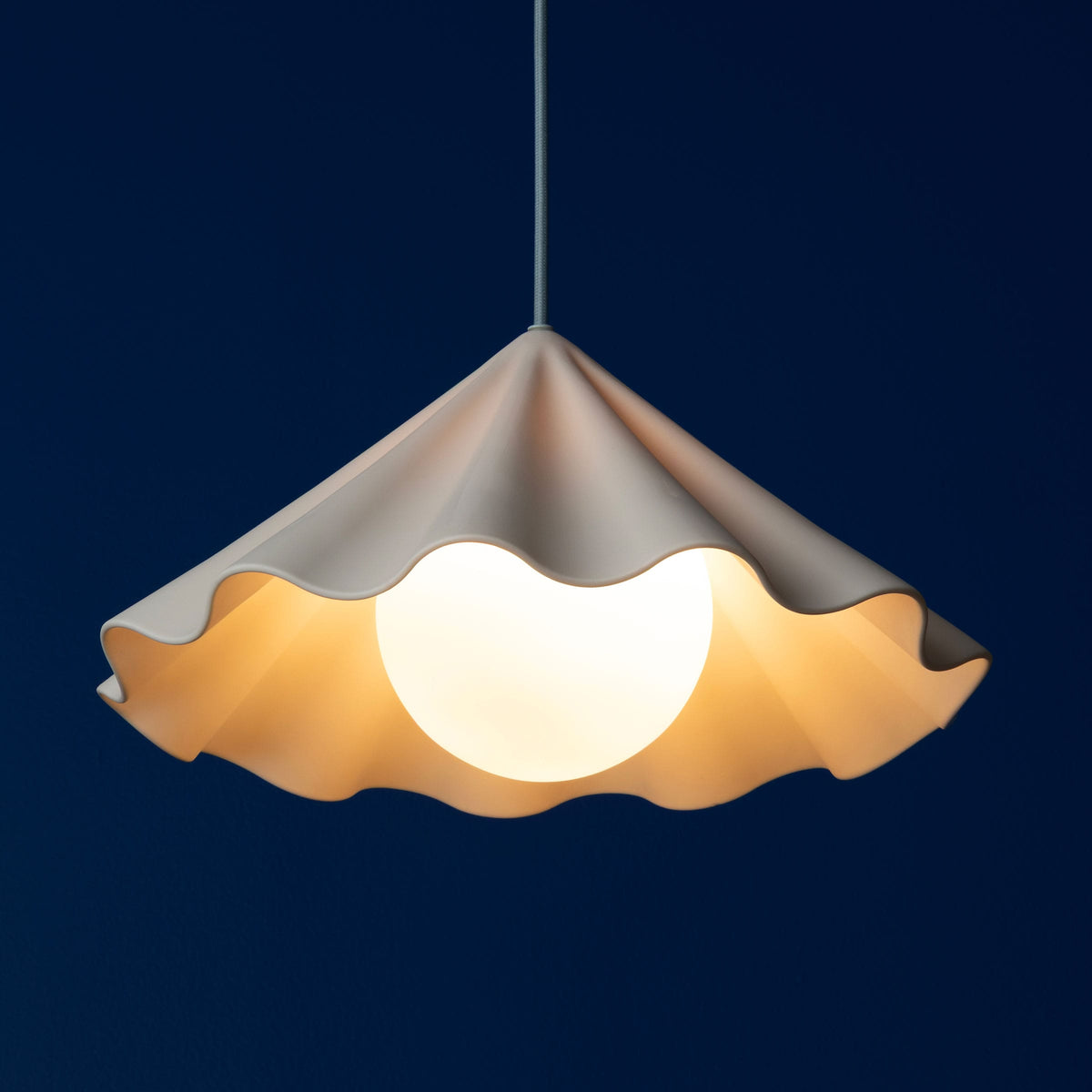 Fleur No. 7 porcelain pendant light with Shale cord and hardware, fluted raw porcelain shade